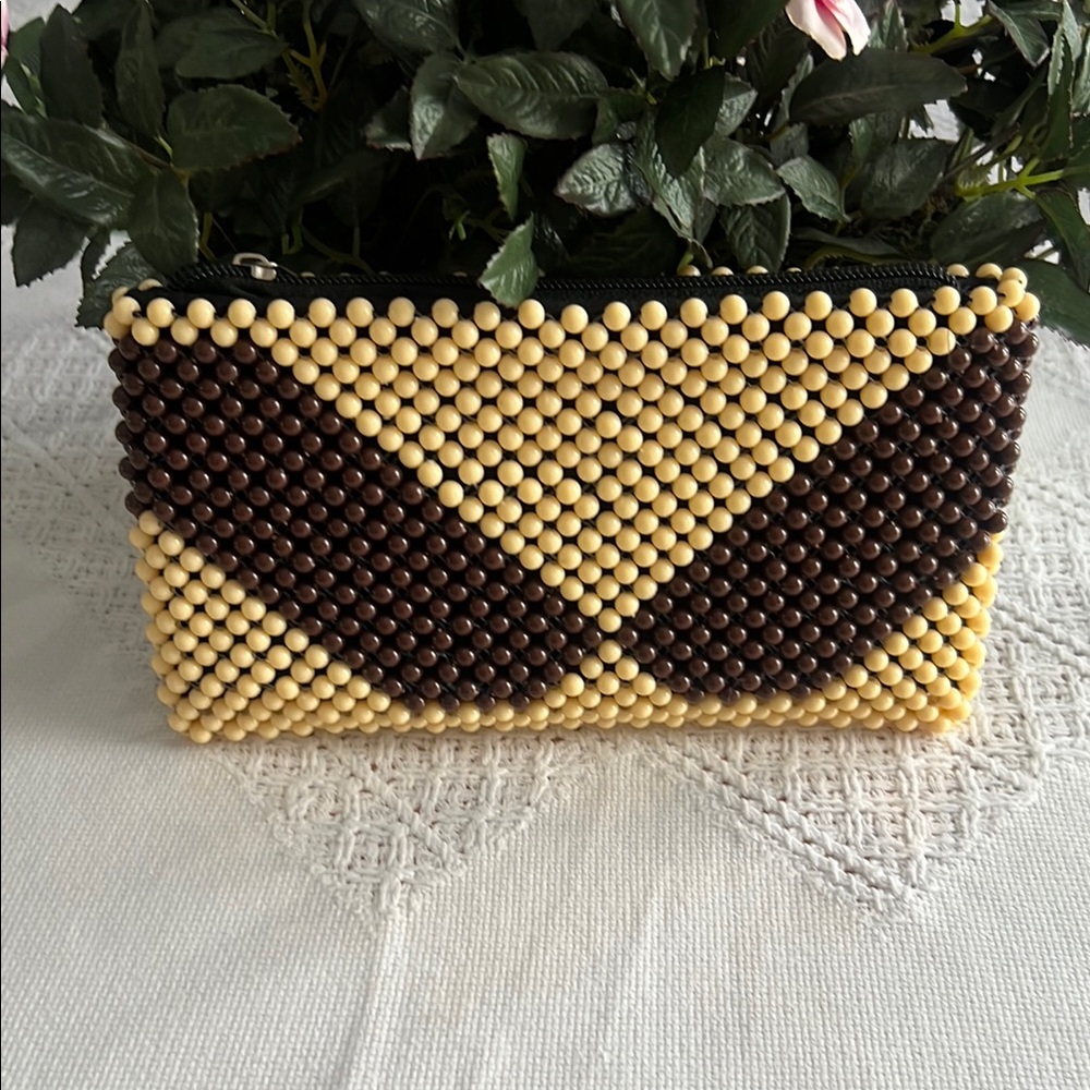 Vintage Beaded Clutch in Cream and Brown zippered
5x8.5”